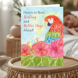 Tarjeta Get Well Soon with Scarlet Macaws and Hibiscus