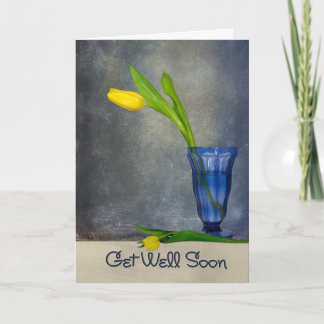 Tarjeta Get Well Soon yellow tulip in blue glass (Anverso)