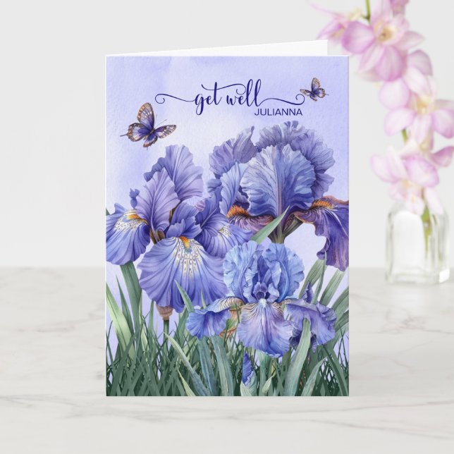 Tarjeta Get Well with a Purple Iris Garden and Butterflies (Orquídea)