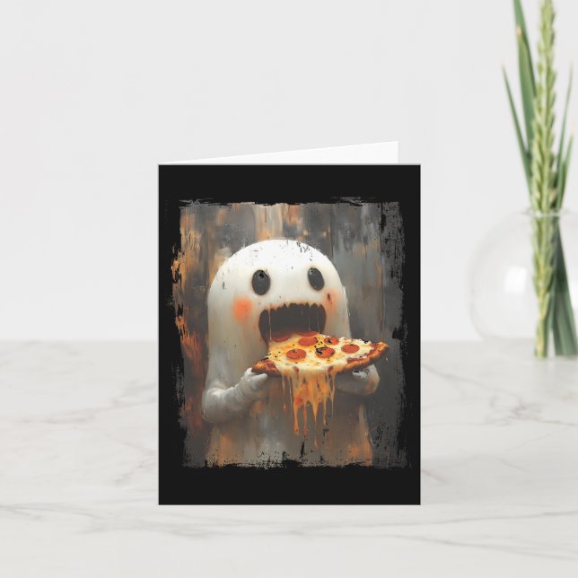 Tarjeta Ghost Cute Pizza Comer Pizza Funny Comida Hallowee (Anverso)