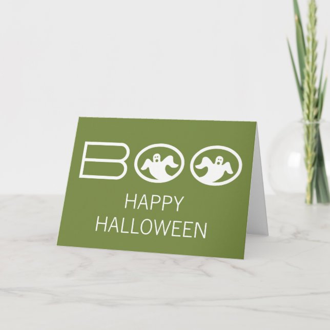 Tarjeta Ghostly Boo Halloween, Verde y Blanco (Anverso)