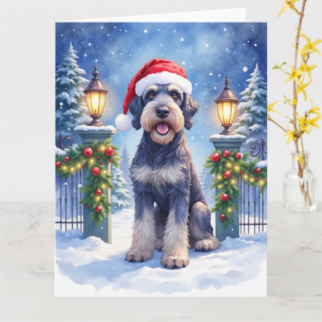 Tarjeta Giant Schnauzer Snowy Iron Fence Santa Christmas (flor amarilla)