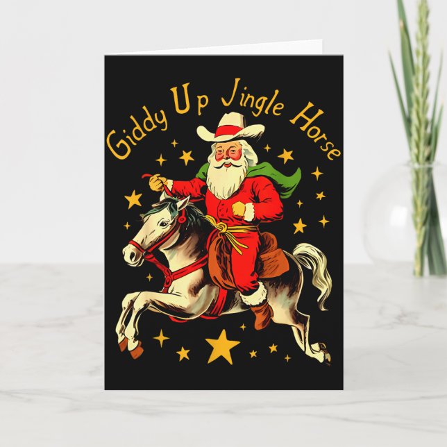 Tarjeta Giddy Up Jingle Horse Funny Retro Santa Cowboy Chr (Anverso)