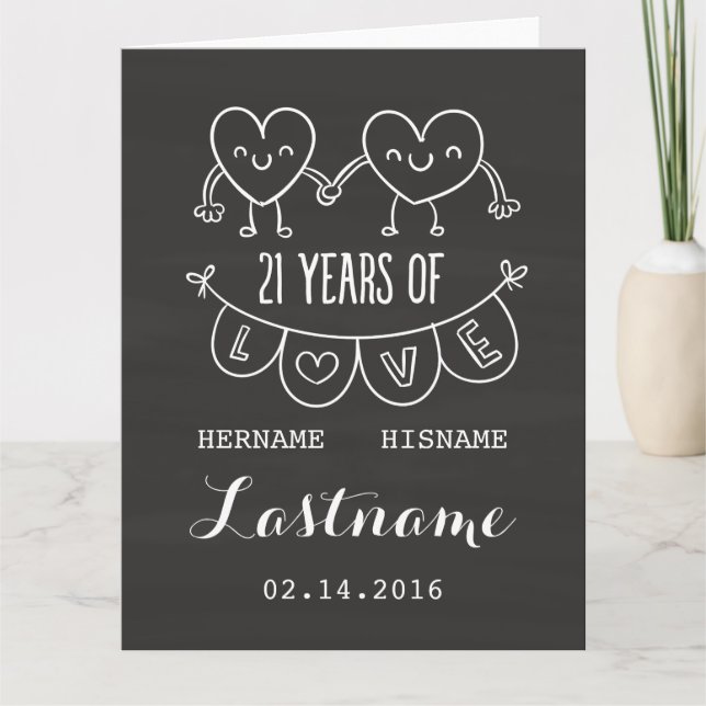 Tarjeta Gift Chalk Hearts, 21 Aniversario (Anverso)