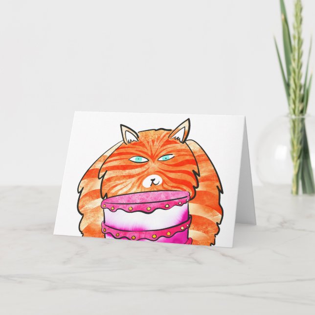 Tarjeta Ginger cat con la carta de cumpleaños del pastel (Anverso)