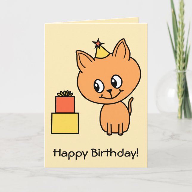 Tarjeta Ginger Kitten vestido con un Gorra de cumpleaños. (Anverso)