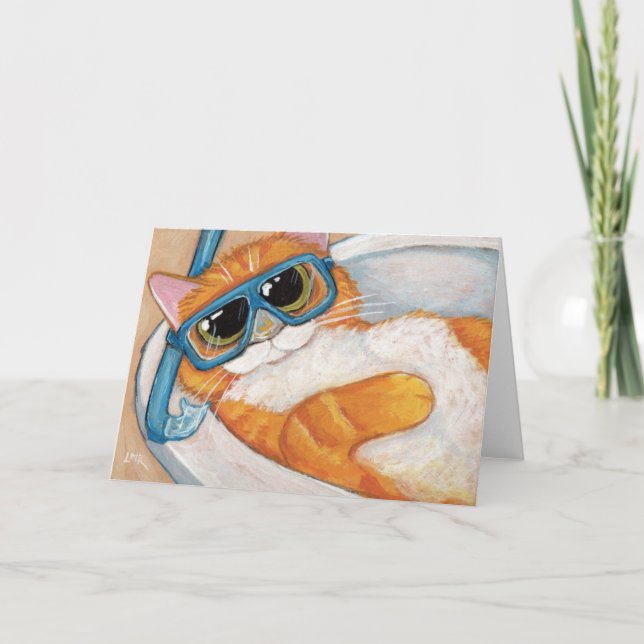 Tarjeta Ginger Tabby Cat con Snorkel en rosado - Arte de g (Anverso)