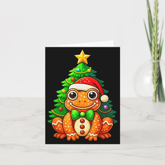 Tarjeta Gingerbread Frog Wearing Santa Hat Christmas Tree  (Anverso)