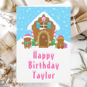 Tarjeta Gingerbread House Pink and Blue Happy Birday