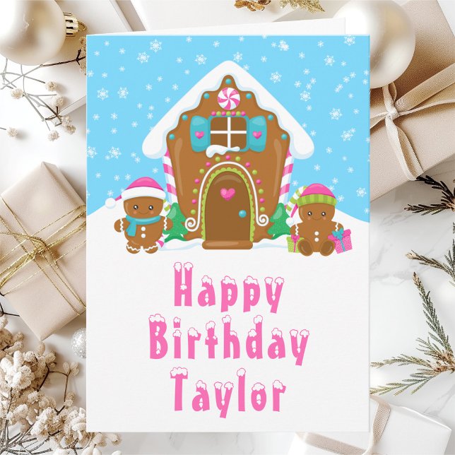 Tarjeta Gingerbread House Pink and Blue Happy Birday (Subido por el creador)