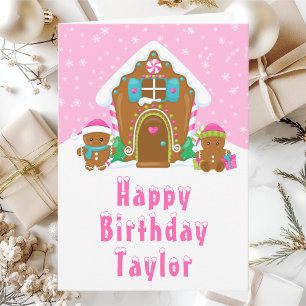 Tarjeta Gingerbread House Pink Happy Birday