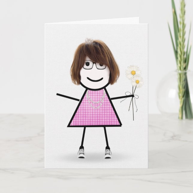 Tarjeta Gingham Birthday Stick Girl With Daisies (Anverso)