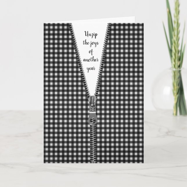 Tarjeta Gingham negro y blanco con cremallera para cumplea (Anverso)