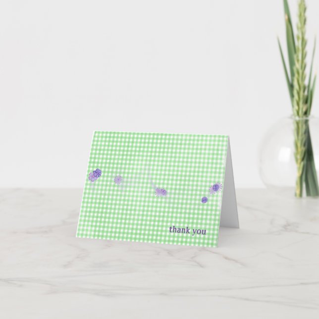 Tarjeta gingham verde con flores gracias (Anverso)