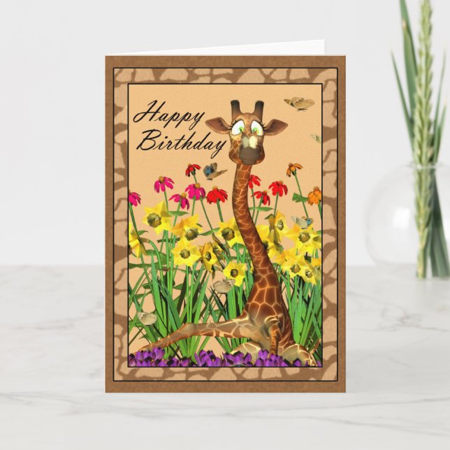 Tarjeta Girafa con mariposa en la carta de cumpleaños de l (Anverso)
