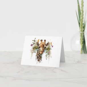 Tarjeta Giraffe acuarela con flores en BLANCO