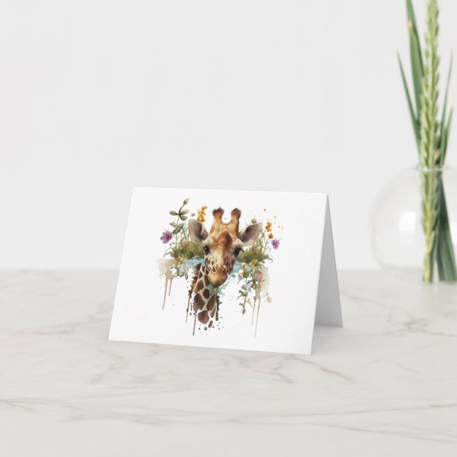 Tarjeta Giraffe acuarela con flores en BLANCO (Anverso)