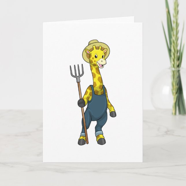 Tarjeta Giraffe como agricultor con horquilla de cocina (Anverso)