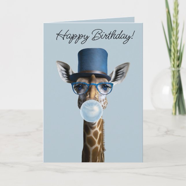 Tarjeta Giraffe con gafas, sombrero superior y chicle azul (Anverso)