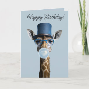 Tarjeta Giraffe con gafas, sombrero superior y chicle azul