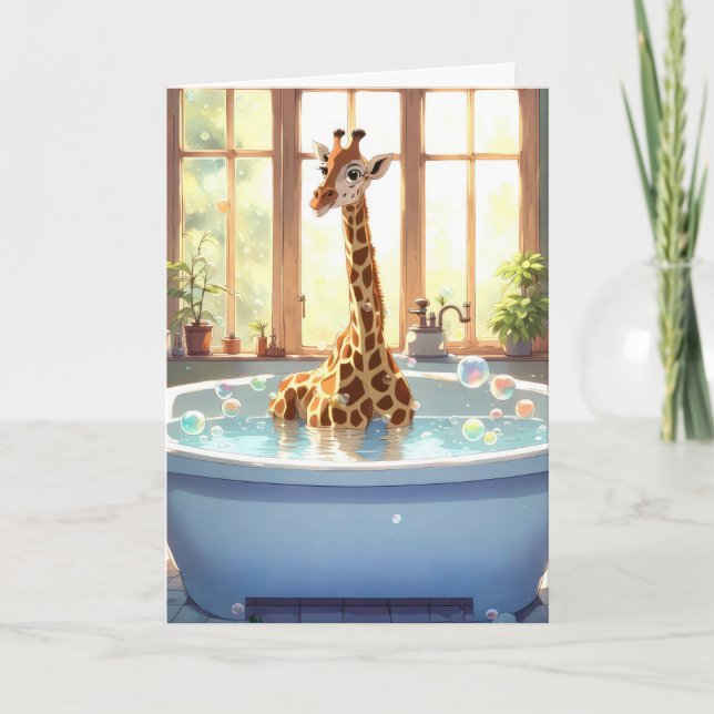 Tarjeta Giraffe de cumpleaños en baño de burbujas (Anverso)
