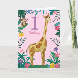 Tarjeta Giraffe de primer cumpleaños para chicas