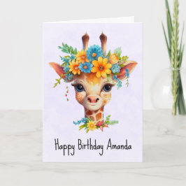 Tarjeta Giraffe dulce con cumpleaños de la corona floral