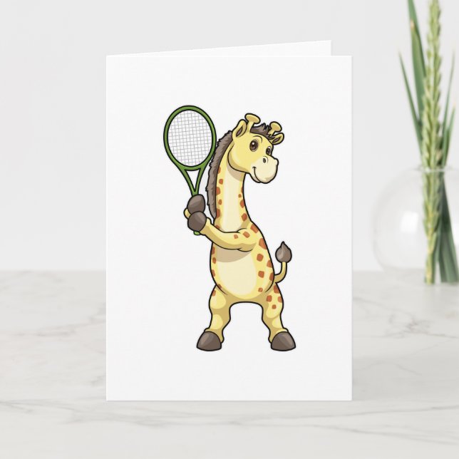 Tarjeta Giraffe en el tenis con raqueta de tenis (Anverso)