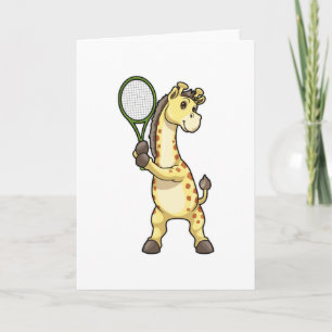 Tarjeta Giraffe en el tenis con raqueta de tenis