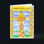 Tarjeta Giraffe Kids Happy Birthday Custom Name<br><div class="desc">Una divertida tarjeta de bienvenida personalizada para un cumpleaños con una jirafa dulce en un gorra fiesta naranja con un cielo azul tranquilo con nubes y un paisaje verde tranquilo ilustrado con acuarela. Puede personalizar del texto para que se ajuste a sus necesidades.</div>