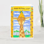 Tarjeta Giraffe Kids Happy Birthday Custom Name<br><div class="desc">Una divertida tarjeta de bienvenida personalizada para un cumpleaños con una jirafa dulce en un gorra fiesta naranja con un cielo azul tranquilo con nubes y un paisaje verde tranquilo ilustrado con acuarela.  Puede personalizar del texto para que se ajuste a sus necesidades.</div>