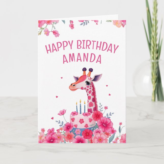 Tarjeta Giraffe rosa y pastel floral Cumpleaños (Anverso)