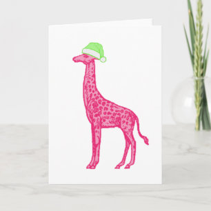 Tarjeta Giraffe rosada con Sombrero de Santa Verde
