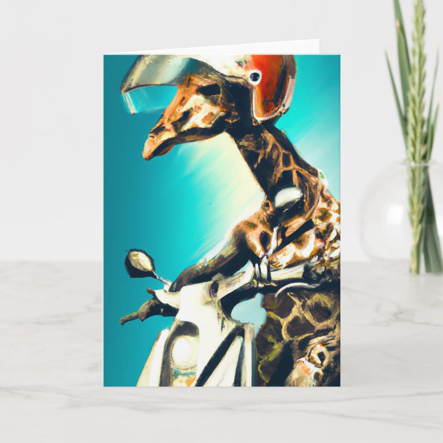Tarjeta Giraffe vistiendo casco en motocicleta arte modern (Anverso)