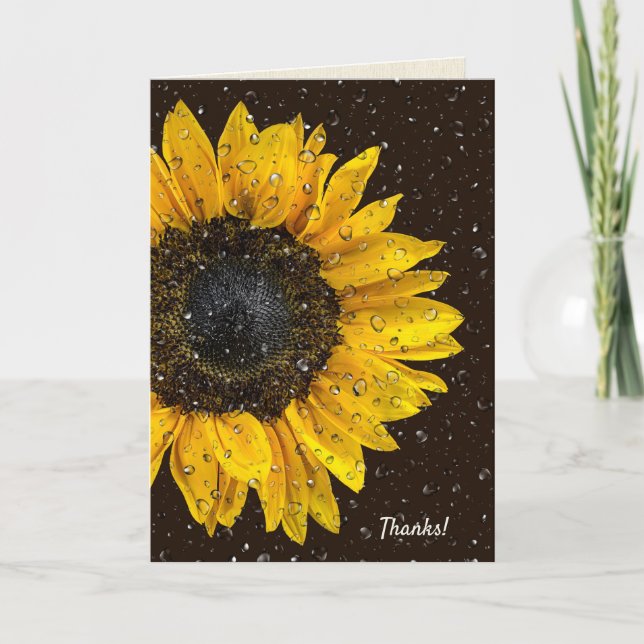 Tarjeta girasol amarillo con gotas de lluvia gracias (Anverso)