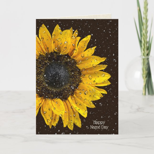 Tarjeta girasol amarillo con gotas de lluvia para el Día d (Anverso)