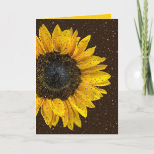 Tarjeta girasol amarillo con gotas de lluvia pensando en t