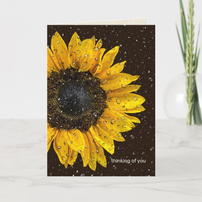 Tarjeta girasol amarillo con gotas de lluvia pensando en t (Anverso)