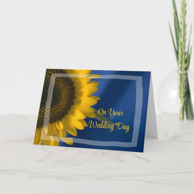 Tarjeta Girasol Amarillo en Boda de Familia Mixta Azul (Anverso)