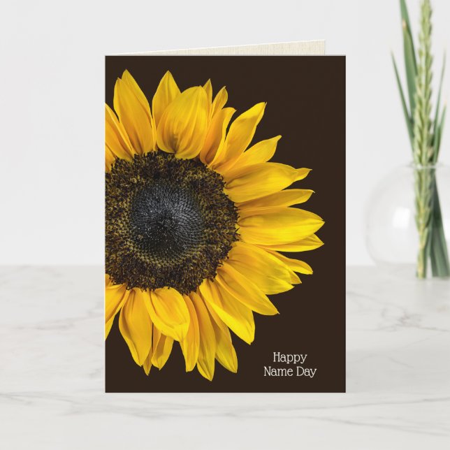 Tarjeta girasol amarillo en marrón oscuro para el Día del  (Anverso)