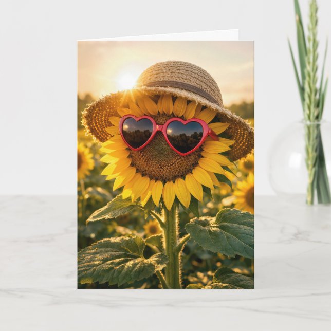 Tarjeta Girasol de cumpleaños con gafas de sol de corazón (Anverso)