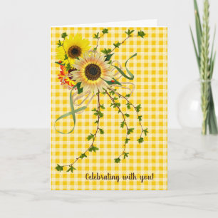 Tarjeta girasol de cumpleaños y ramo de hiedra