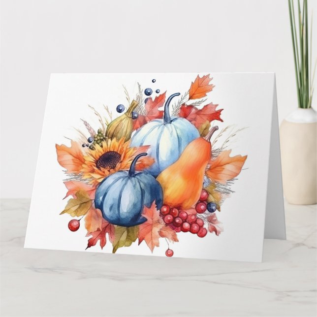 Tarjeta Girasol de otoño al acuarela y calabazas azules (Anverso)