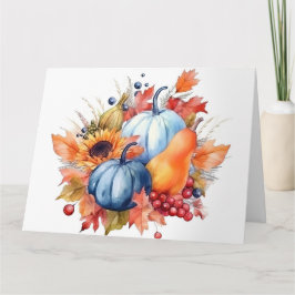 Tarjeta Girasol de otoño al acuarela y calabazas azules