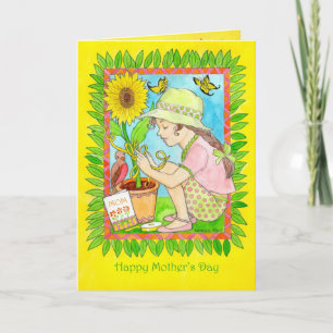 Tarjeta Girasol del día de madre, chica con las mariposas
