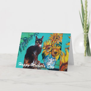Tarjeta GIRASOLES CON GATO NEGRO / Día de la Madre