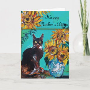 Tarjeta GIRASOLES CON GATO NEGRO Día de la Madre