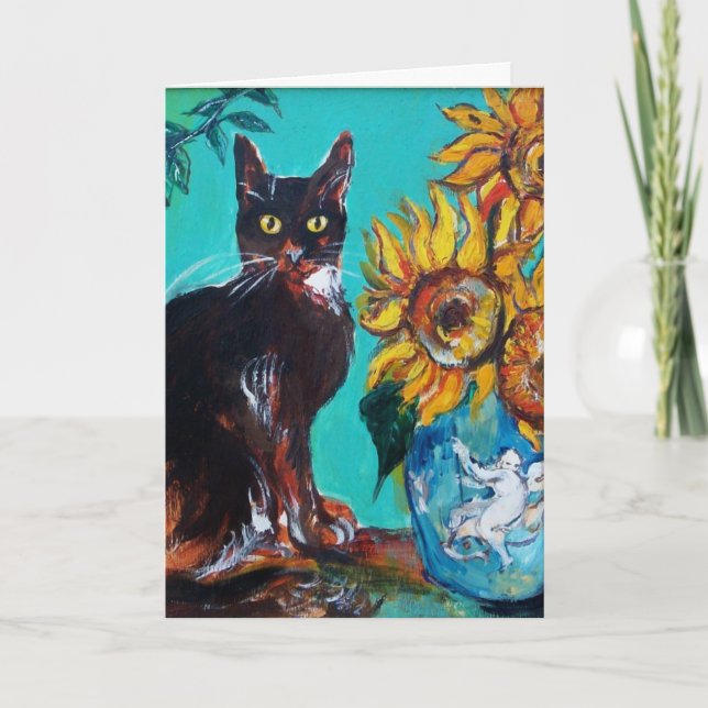 TARJETA GIRASOLES CON GATO NEGRO EN TURQUESA AZUL (Anverso)