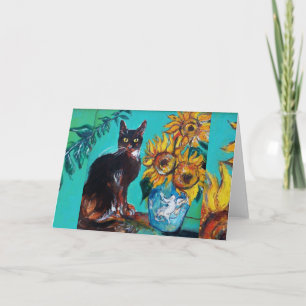 TARJETA GIRASOLES CON GATO NEGRO EN TURQUESA AZUL