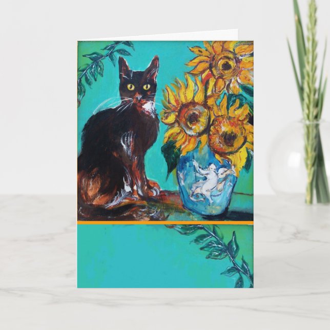 TARJETA GIRASOLES CON GATO NEGRO EN TURQUESA AZUL (Anverso)